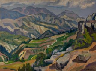 Velina, Mountains with Forms, Grey-Blue — Oil painting, Canvas, 60.00×81.00cm — Theodoros Markellos